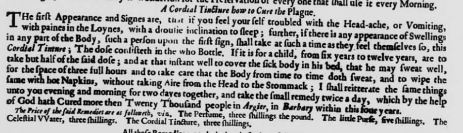 Excerpt from John Belson's 1665 broadside Remedies Against the Infection of the Plague